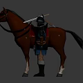 Armored Character in Blue Attire Standing Beside Brown Horse with Red Saddle Pad and Sword