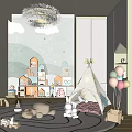 Cozy Kids Playroom Interior With Kids Teepee Cloud Decor Colorful Balloons Bookshelves And Play Rug