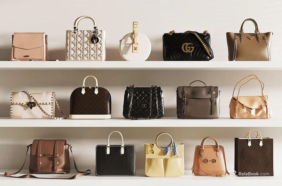 Fashionable Designer Bags Collection Showcasing Various Styles And Leather Designs On Shelves 3d model 