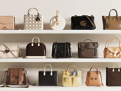 Fashionable Designer Bags Collection Showcasing Various Styles And Leather Designs On Shelves 3d model
