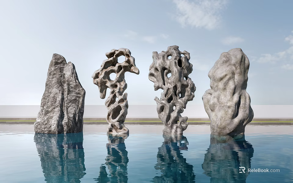 Hollow and Solid Stones Standing In Water With Reflections Against Blue Sky and Clouds 3d model 
