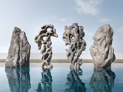 Hollow and Solid Stones Standing In Water With Reflections Against Blue Sky and Clouds 3d model