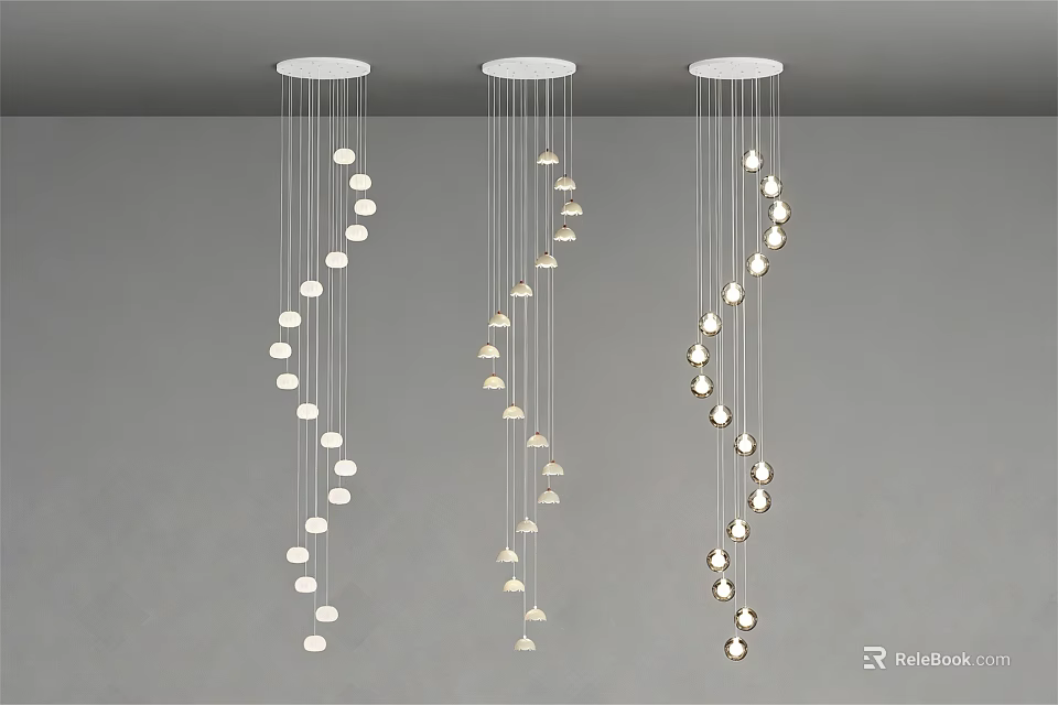 Three Modern White Chandeliers With Hanging Pendant Lights On Gray Ceiling 3d model 