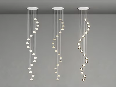 Three Modern White Chandeliers With Hanging Pendant Lights On Gray Ceiling 3d model