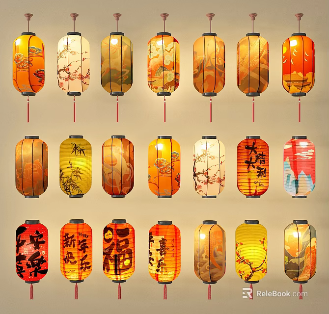 Exquisite Colorful Traditional Chinese Lanterns With Chinese Characters Floral And Landscape Patterns 3d model 
