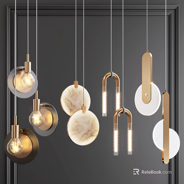 Modern Pendant Lights Design With Gold Metallic Frames Marble Accents And Glass Bulbs 3d model 