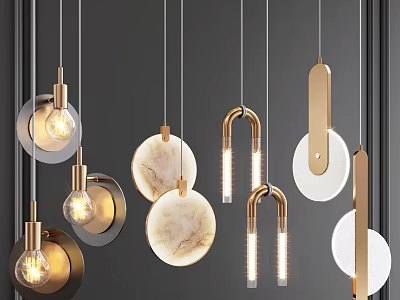 Modern Pendant Lights Design With Gold Metallic Frames Marble Accents And Glass Bulbs 3d model