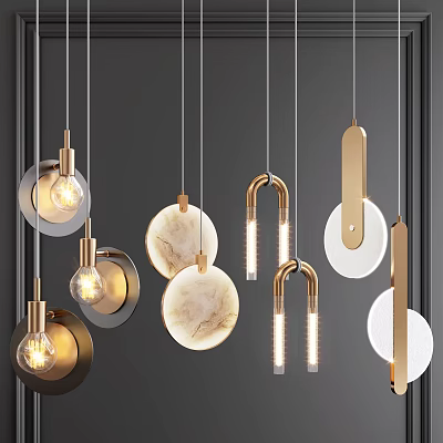 Modern Pendant Lights Design With Gold Metallic Frames Marble Accents And Glass Bulbs 3d model