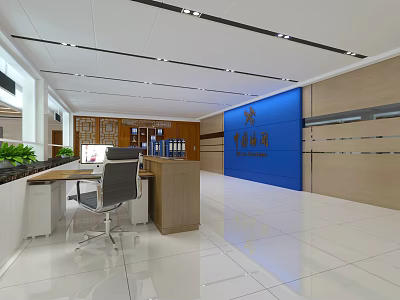 Modern Reception Area with Wooden Desk Office Chair Blue Accent Wall Green Plants Bright Lighting 3d model