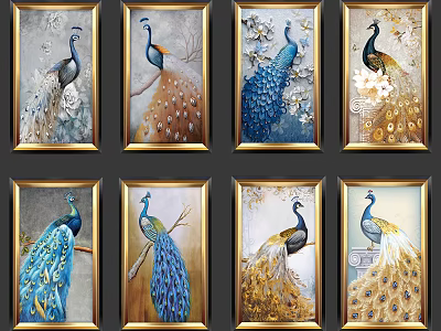 Vibrant Peacock Animal Paintings in Golden Frames for Home Wall Decor 3d model