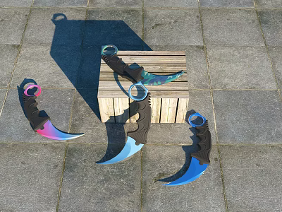 Colorful Claw Weapons With Pink Blue Black Handles On Wooden Crate Stone Pavement 3d model