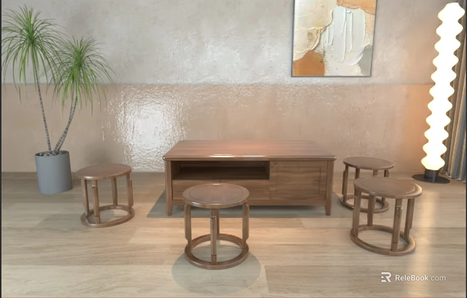 Modern Wooden Coffee Table With Round Stools Abstract Painting Potted Plant And Floor Lamp 3d model 