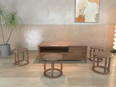 Modern Wooden Coffee Table With Round Stools Abstract Painting Potted Plant And Floor Lamp 3d model