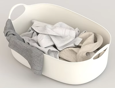 Folded Gray And Beige Clothes In White Laundry Basket With Gray Towel 3d model