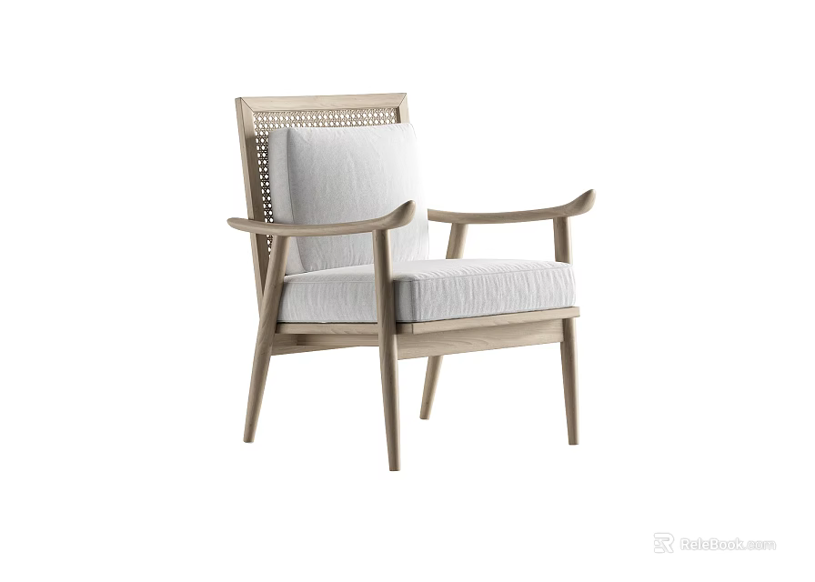 Modern Leisure Chair With Wooden Frame Rattan Backrest And Soft White Cushioned Seat 3d model 