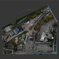 Modern Industrial Site Scene With Silos Conveyor Belts Trucks Buildings And Trees