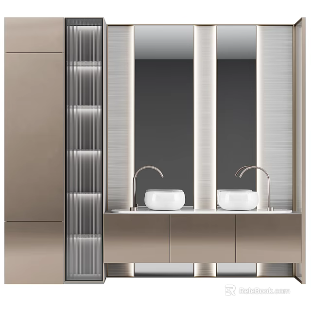 Modern Double Sink Bathroom Vanity With Metallic Frame Mirror And Storage Cabinets 3d model