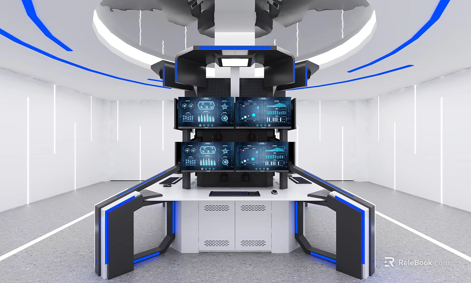 Modern Futuristic Control Console With Multiple Screens Blue Lighting And Circular Design 3d model 