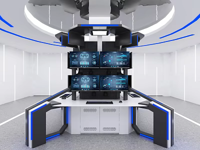 Modern Futuristic Control Console With Multiple Screens Blue Lighting And Circular Design 3d model