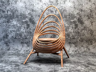 Woven Single Chair With Curved Design And Unique Shape Against Gray Wall 3d model
