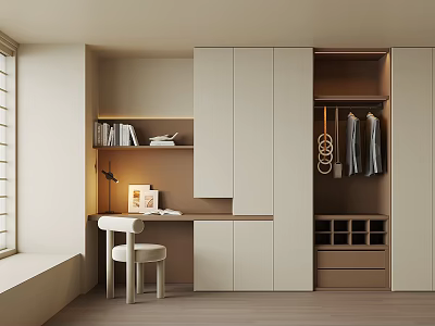 Modern Minimalist Wardrobe Interior Design With Desk Stool Bookshelf And Clothing Storage 3d model