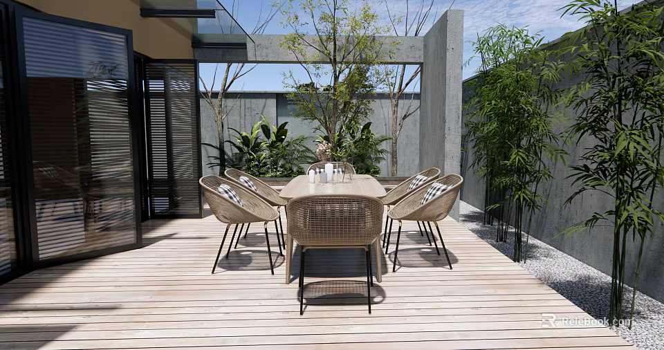 Outdoor Patio Rattan Dining Table And Chairs With Striped Cushions Surrounded By Green Plants 3d model 