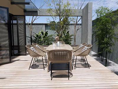 Outdoor Patio Rattan Dining Table And Chairs With Striped Cushions Surrounded By Green Plants 3d model