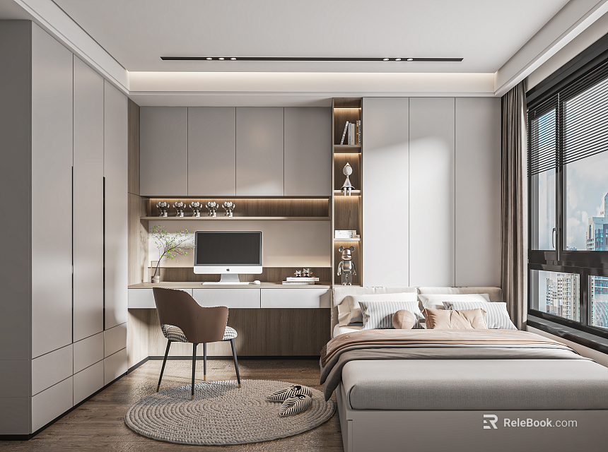 Modern Tatami Bedroom Interior Design With Desk Wardrobe And City View Window 3d model 