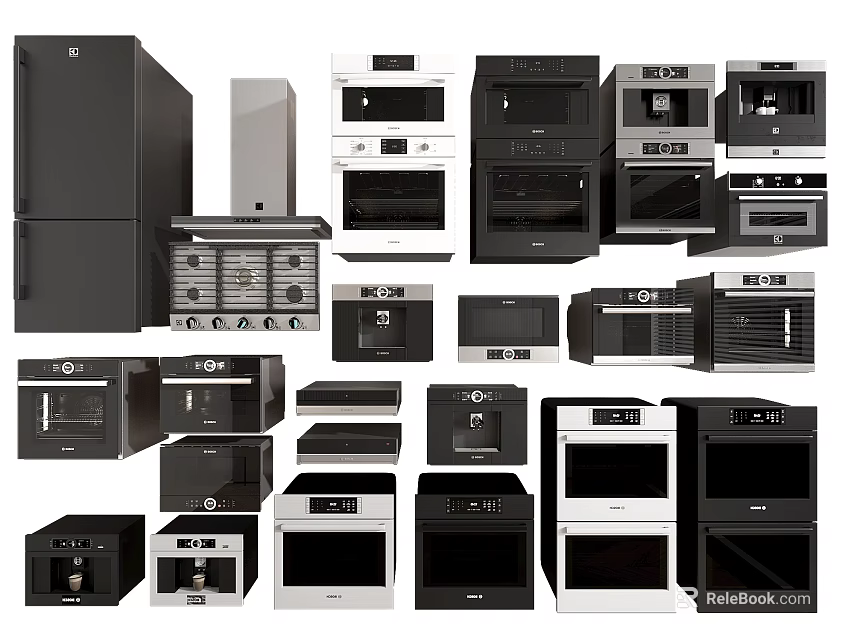 Modern Kitchen Appliances Collection Featuring Refrigerators Ovens Microwaves And Range Hoods 3d model 