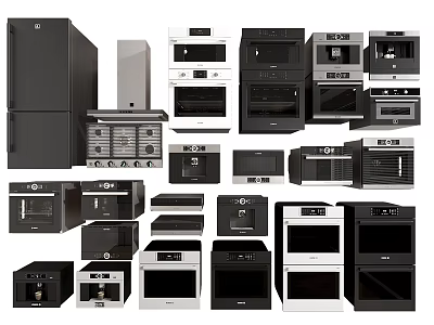 Modern Kitchen Appliances Collection Featuring Refrigerators Ovens Microwaves And Range Hoods 3d model