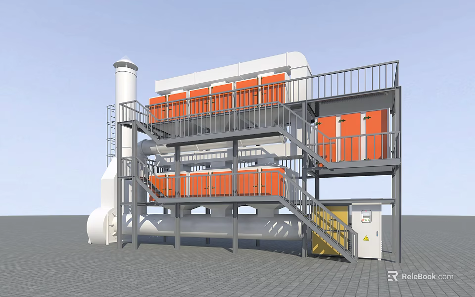 Industrial Equipment With Multi Level Structure Orange Processing Units White Chimney Metal Frame And Staircase 3d model 