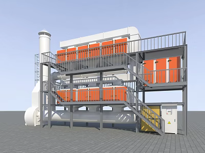 Industrial Equipment With Multi Level Structure Orange Processing Units White Chimney Metal Frame And Staircase 3d model