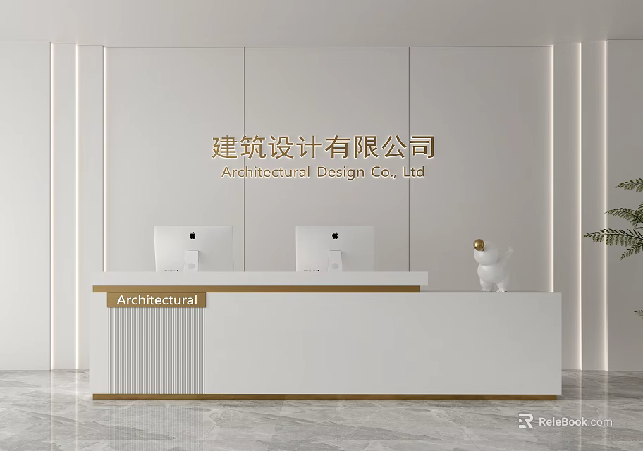 Modern Reception Desk for Architectural Design Company with Two Computers and Small Decoration 3d model 