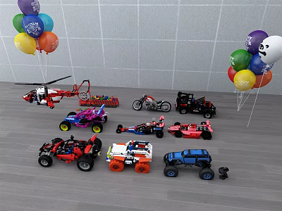 Electric Toys Collection Featuring Helicopter Off Road Cars Motorcycle And Colorful Balloons 3d model