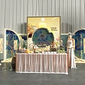 Assorted Desserts Fresh Fruit Platters And Bread Displays On Elegant Decorated Table With Flowers