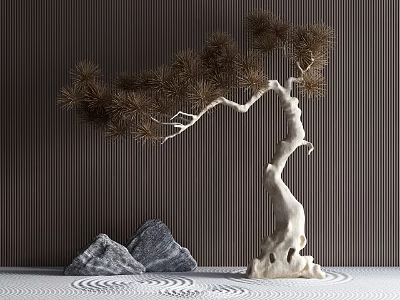 Zen Style Garden Ornament Display With Sculpted Pine Tree Rock Stones And Rippled Sand 3d model
