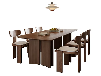 Modern Wooden Dining Table Set with Padded Chairs Fruit Bowl Book and Pendant Light 3d model