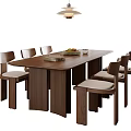 Modern Wooden Dining Table Set with Padded Chairs Fruit Bowl Book and Pendant Light