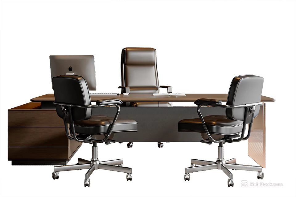 Modern Executive Office Desk With Black Leather Chairs Computer And Filing Cabinet 3d model 