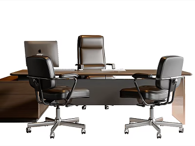 Modern Executive Office Desk With Black Leather Chairs Computer And Filing Cabinet 3d model