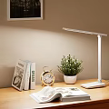 Modern Desk Lamp Illuminating Wooden Desk With Books Alarm Clock And Potted Plant