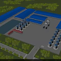 Industrial Factory with Blue Roof Cylindrical Tanks and Surrounding Trees