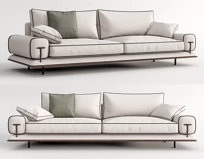 Modern Beige Fabric Double Sofa With Gray Green Pillows And Metal Legs 3d model