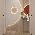 Modern Entryway Corridor With Circular Decor Illuminated Lighting Green Plant And Rabbit Figurine On Shelf