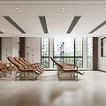Hospital Outpatient Clinic Waiting Area with Orange IV Chairs Large Windows and Display Screen