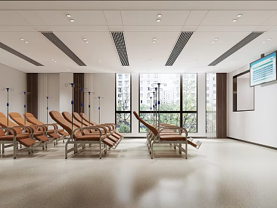 Hospital Outpatient Clinic Waiting Area with Orange IV Chairs Large Windows and Display Screen 3d model