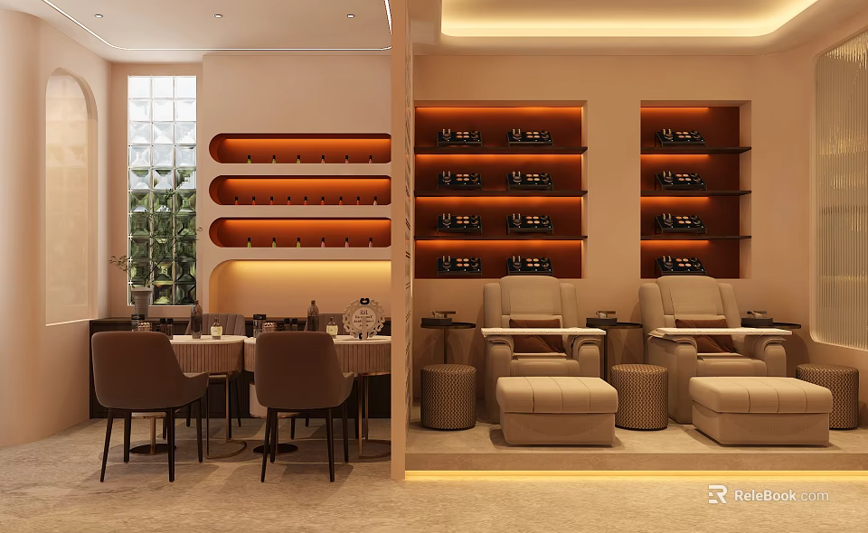 Elegant Beauty Hair Salon Interior With Comfortable Chairs And Stylish Decorative Shelves 3d model 