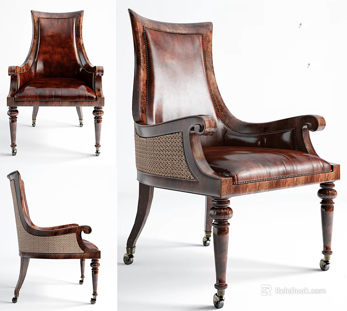 Vintage Leather Upholstered Leisure Chair with Wooden Armrests Woven Accents and Wheeled Wooden Legs 3d model 