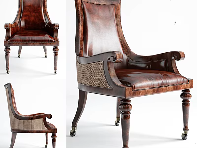 Vintage Leather Upholstered Leisure Chair with Wooden Armrests Woven Accents and Wheeled Wooden Legs 3d model