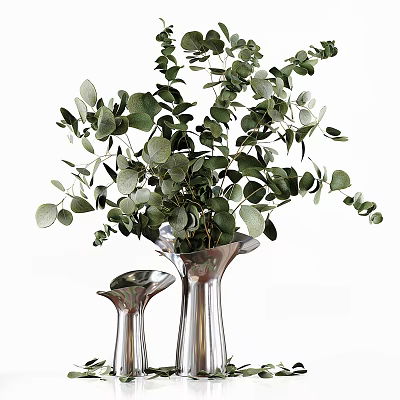 Two Modern Silver Vases With Green Eucalyptus Leaves For Decorative Home Interior 3d model